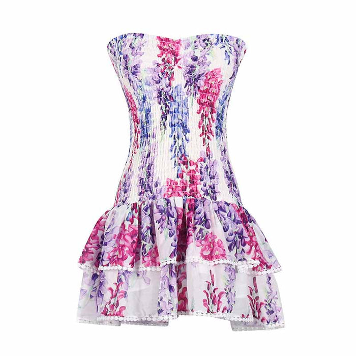 Embroidered Ruffled Floral Mini Dress Strapless Short Dress