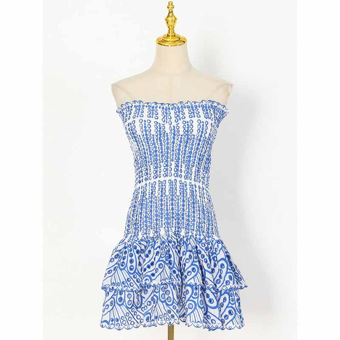Embroidered Ruffled Strapless Mini Dress