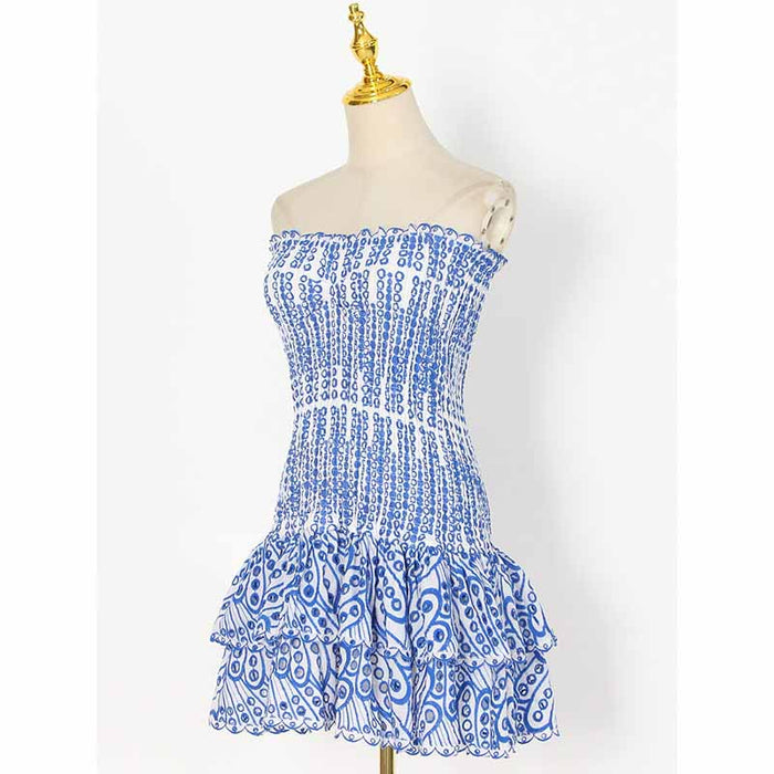 Embroidered Ruffled Strapless Mini Dress