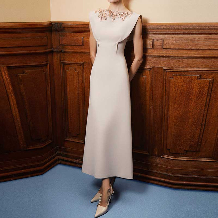 Embroidered Sculpted Collar Midi Dress – Dusty Pink Elegant Party & Wedding Guest Dress