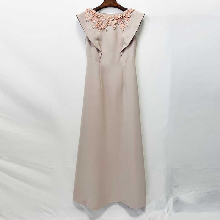 Embroidered Sculpted Collar Midi Dress – Dusty Pink Elegant Party & Wedding Guest Dress