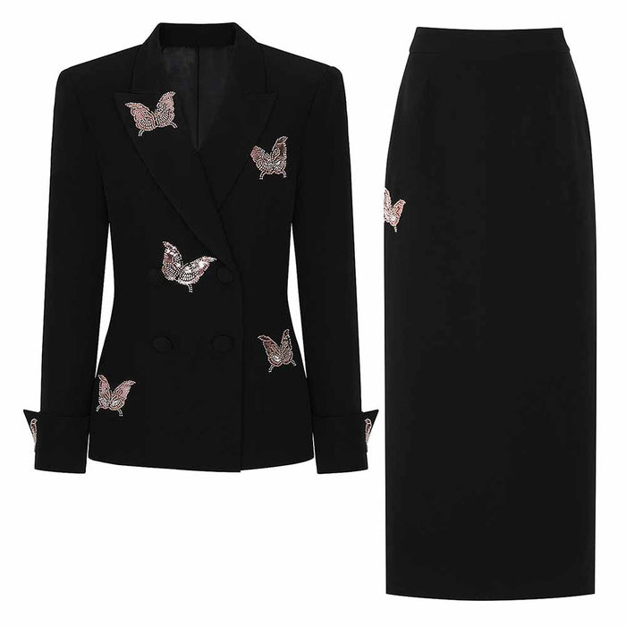 Elegant embroidered skirt suit for women by SD Dresscode featuring butterfly designs on a black blazer and skirt