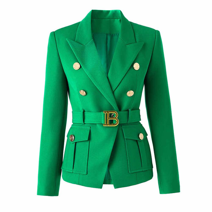 Emerald green blazer for women with double-breasted buttons and belted waist for a chic look
