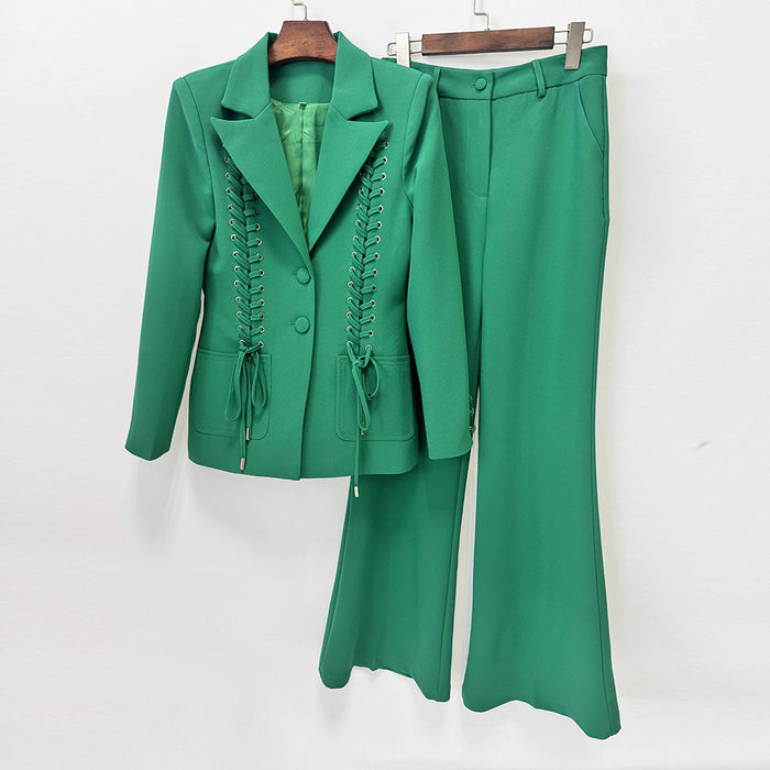 Emerald Green Lace-Up Blazer & Wide Leg Pants Suit Set for Women - V-Neck Slim Fit Office Business Casual Trouser Suit