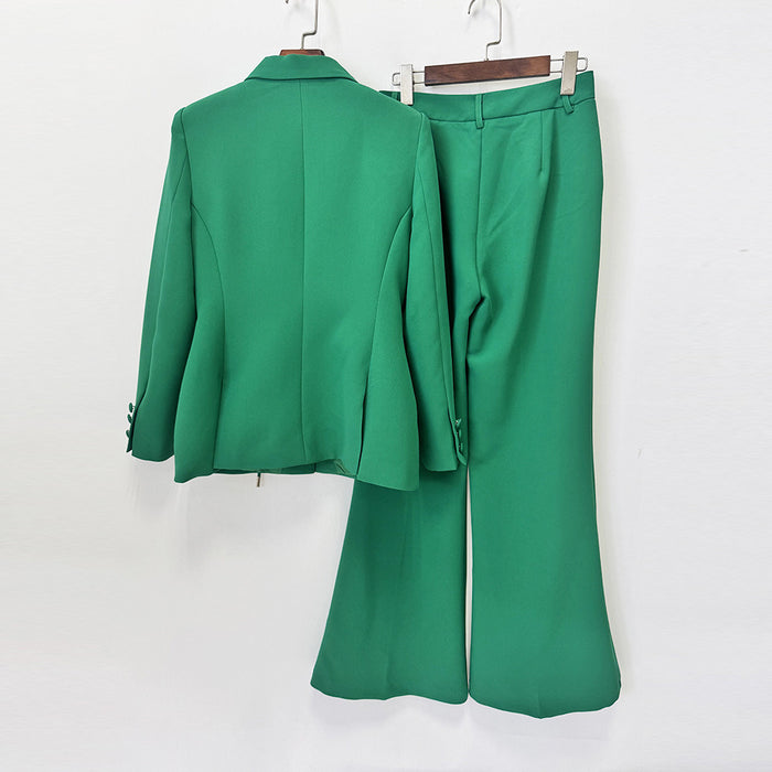 Emerald Green Lace-Up Blazer & Wide Leg Pants Suit Set for Women - V-Neck Slim Fit Office Business Casual Trouser Suit