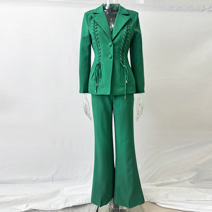 Emerald Green Lace-Up Blazer & Wide Leg Pants Suit Set for Women - V-Neck Slim Fit Office Business Casual Trouser Suit