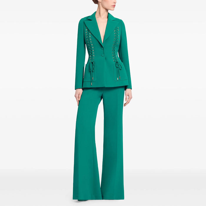 Emerald Green Lace-Up Blazer & Wide Leg Pants Suit Set for Women - V-Neck Slim Fit Office Business Casual Trouser Suit