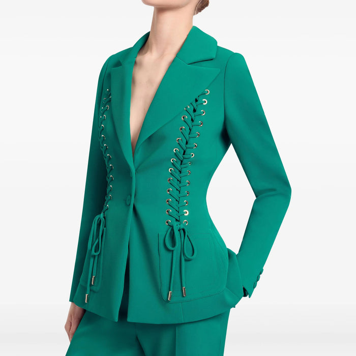 Emerald Green Lace-Up Blazer & Wide Leg Pants Suit Set for Women - V-Neck Slim Fit Office Business Casual Trouser Suit
