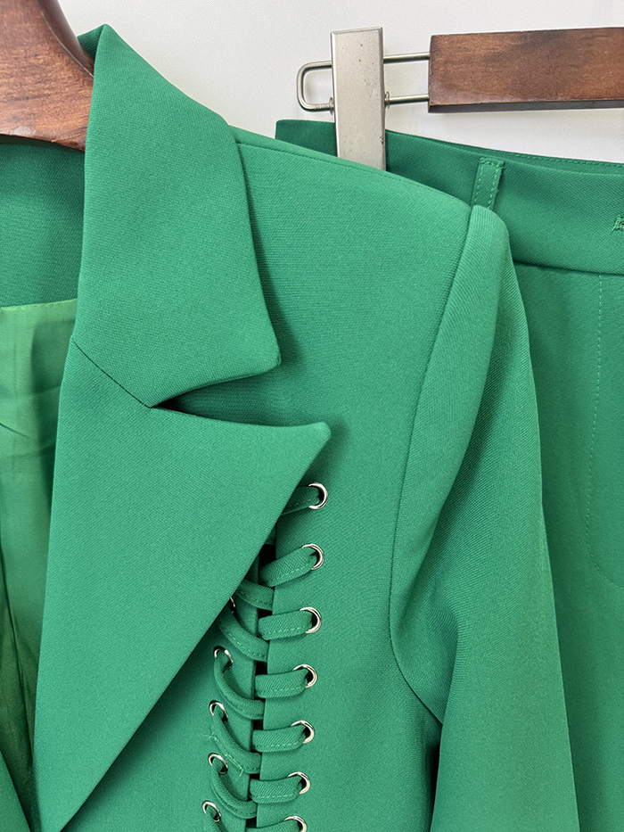 Emerald Green Lace-Up Blazer & Wide Leg Pants Suit Set for Women - V-Neck Slim Fit Office Business Casual Trouser Suit