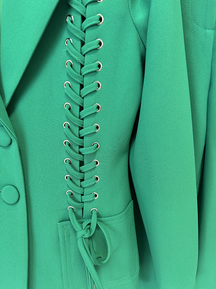 Emerald Green Lace-Up Blazer & Wide Leg Pants Suit Set for Women - V-Neck Slim Fit Office Business Casual Trouser Suit