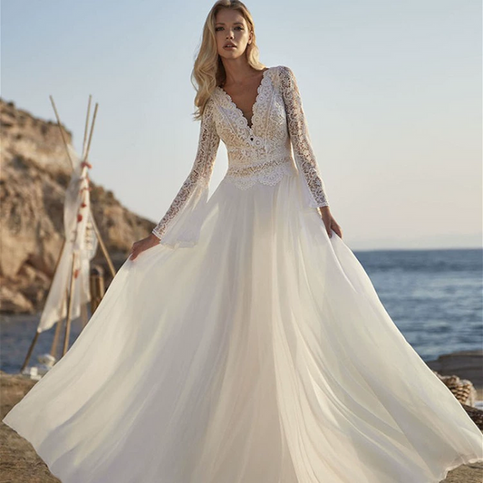 Ethereal Long-Sleeve Lace Wedding Dress with V-Neck & Flowing Tulle Skirt