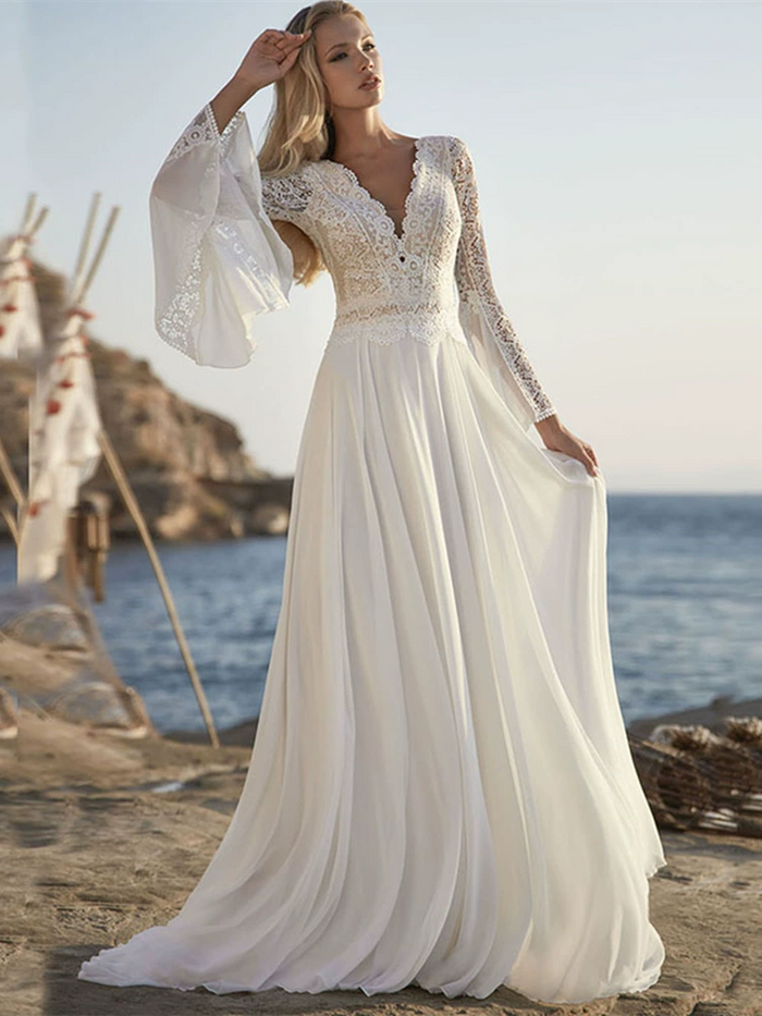 Ethereal Long-Sleeve Lace Wedding Dress with V-Neck & Flowing Tulle Skirt