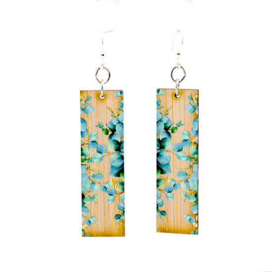 Bamboo eucalyptus sprig earrings with round leaves, laser-cut and made in USA