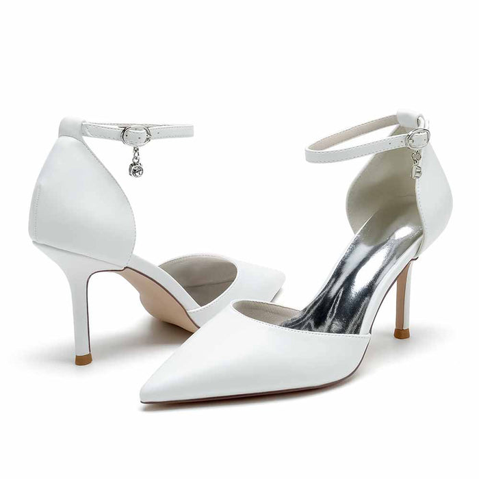 Faux Leather Ankle Strap Pumps White Party Heel Shoes