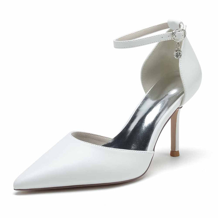 Faux Leather Ankle Strap Pumps White Party Heel Shoes