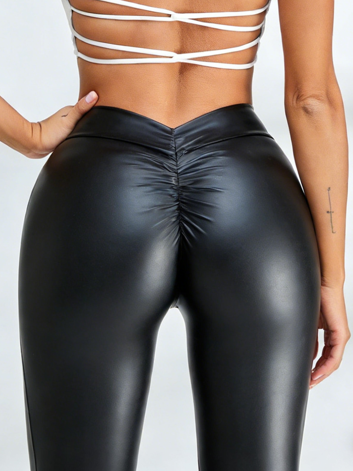 Faux Leather Deep V Back Scrunch Bum Leggings