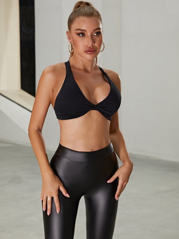 Faux Leather Deep V Back Scrunch Bum Twist Cross Back Tracksuit