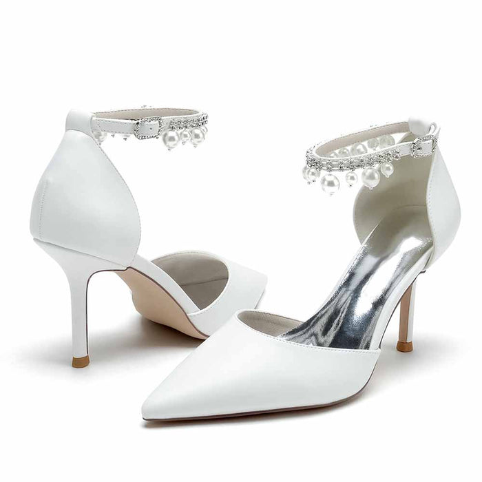 Faux Leather Pearl Ankle Strap Pumps White Party Heel Shoes