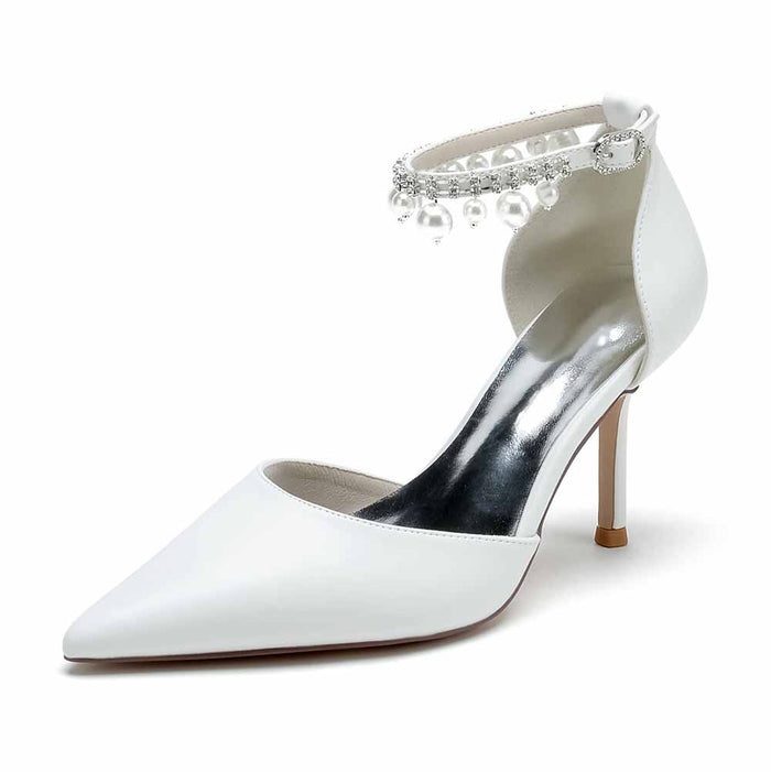 Faux Leather Pearl Ankle Strap Pumps White Party Heel Shoes