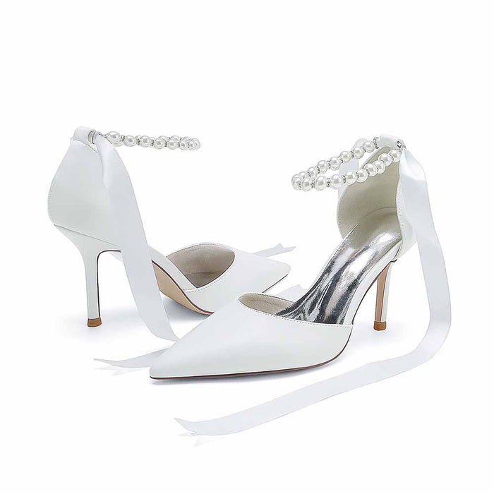 Faux Leather Pearl Lace-up Ankle Strap Pumps White Party Heel Shoes