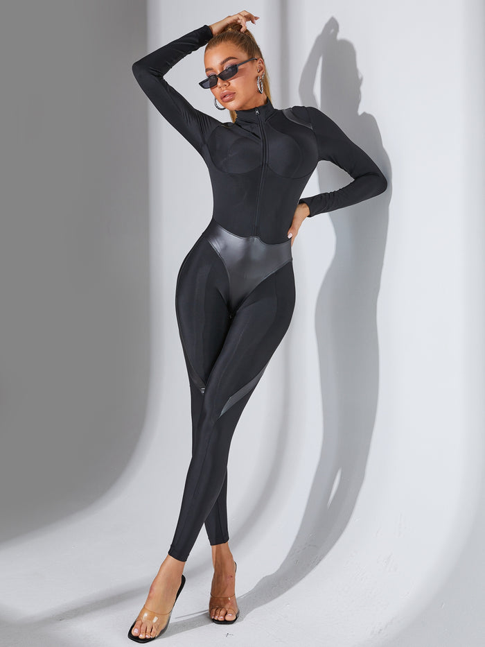 ❤Faux Leather Zipper Stand Collar Jumpsuit