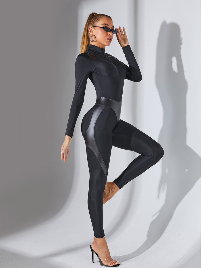 ❤Faux Leather Zipper Stand Collar Jumpsuit