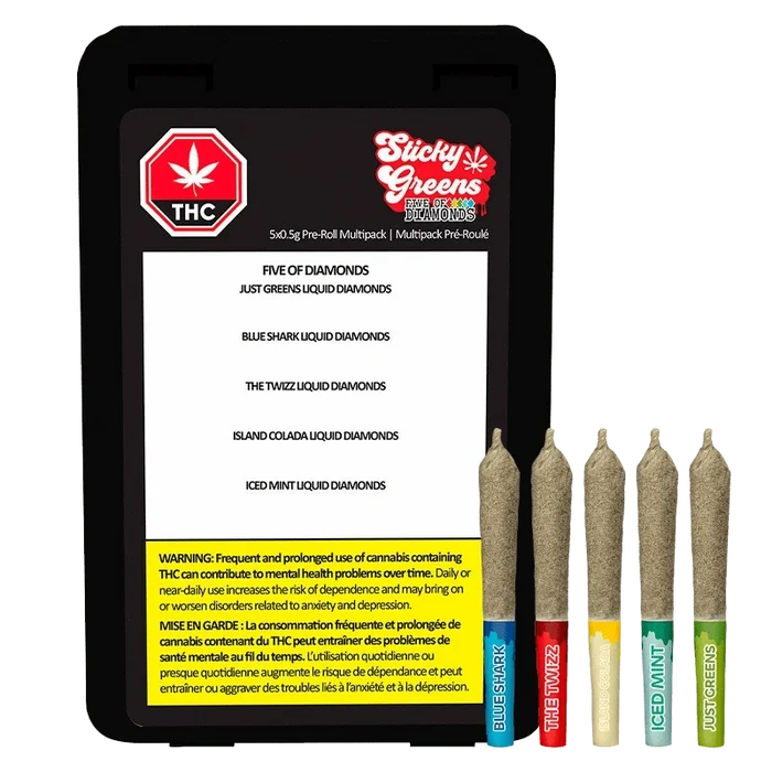 Five of Diamonds Kief Coated Liquid Diamond Infused Pre Rolled 5 x 0.5 g are displayed in a comparison shot with branded packaging on a black background.