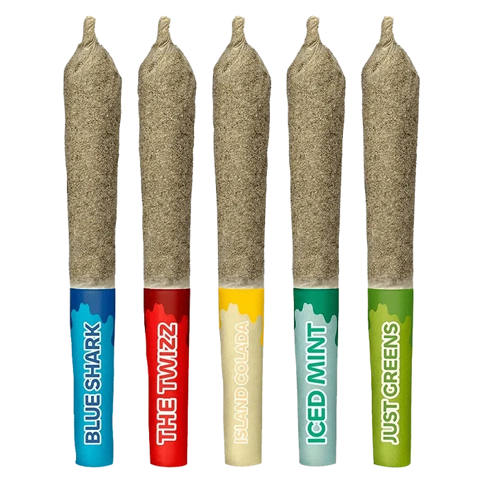Five of Diamonds Kief Coated Liquid Diamond Infused Pre Rolled 5 x 0.5 g joints displayed in a vertical arrangement against a plain white backdrop.