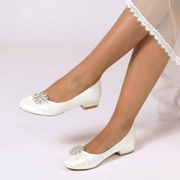 Elegant flat wedding shoes for bride with sparkling embellishment in white satin finish