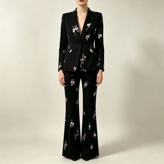Floral Embroidered Pantsuit  Black Power Suit with Flare Pants