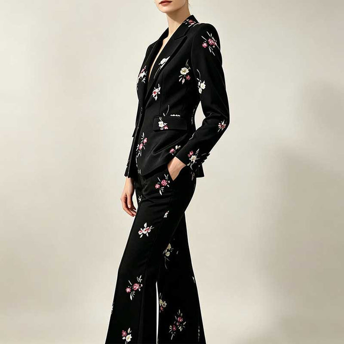 Floral Embroidered Pantsuit  Black Power Suit with Flare Pants