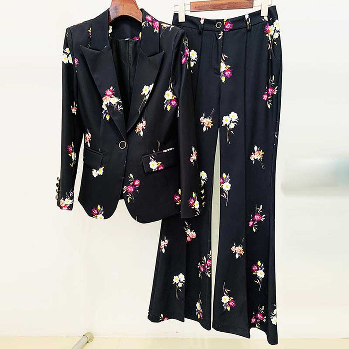 Floral Embroidered Pantsuit  Black Power Suit with Flare Pants