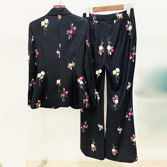 Floral Embroidered Pantsuit  Black Power Suit with Flare Pants