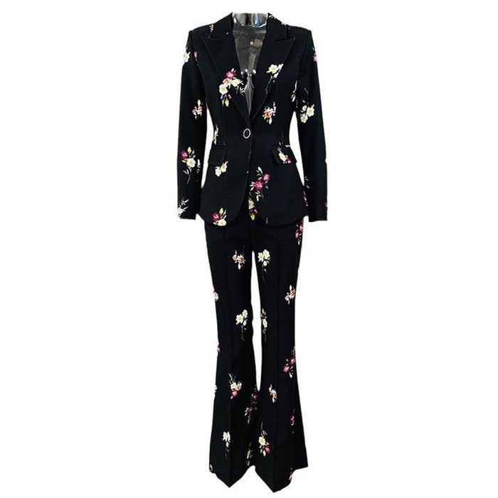 Floral Embroidered Pantsuit  Black Power Suit with Flare Pants