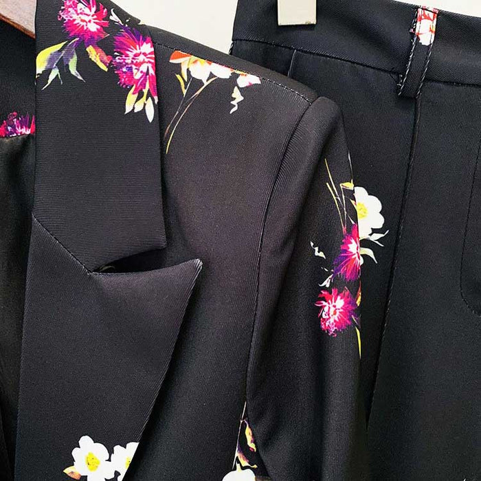 Floral Embroidered Pantsuit  Black Power Suit with Flare Pants