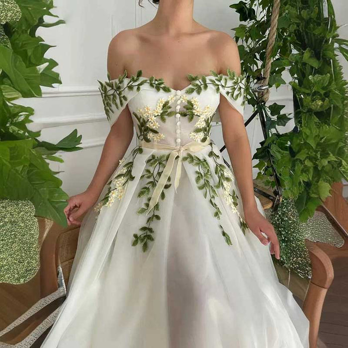 Floral Embroidered Tulle Dress A-Line Off Shoulder Tea Length Wedding Ball Prom Dress
