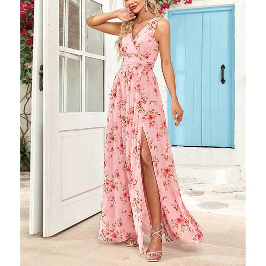 Floral Long Prom Dress High Split Pink Bridesmaid Dress Chiffon A Line Dress