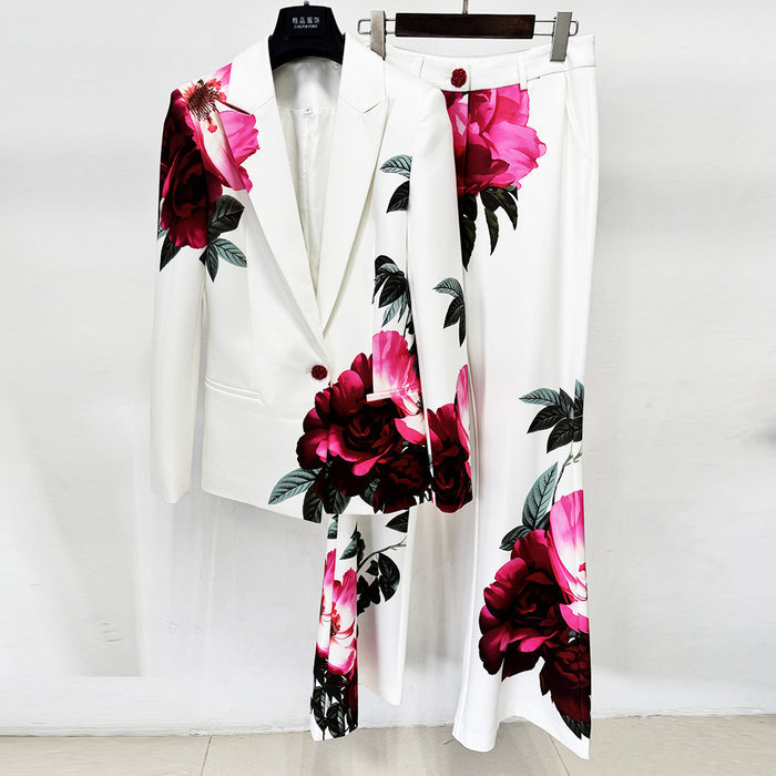 Floral Print Blazer Set | Elegant Suit with Bell Bottom Pants for Evening Party & Wedding Guest
