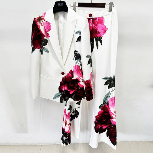 Floral Print Blazer Set | Elegant Suit with Bell Bottom Pants for Evening Party & Wedding Guest
