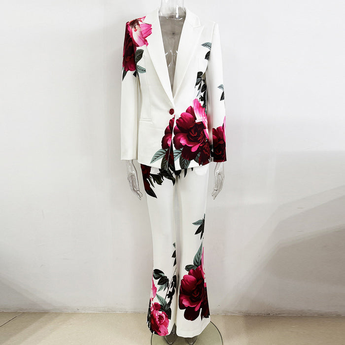 Floral Print Blazer Set | Elegant Suit with Bell Bottom Pants for Evening Party & Wedding Guest