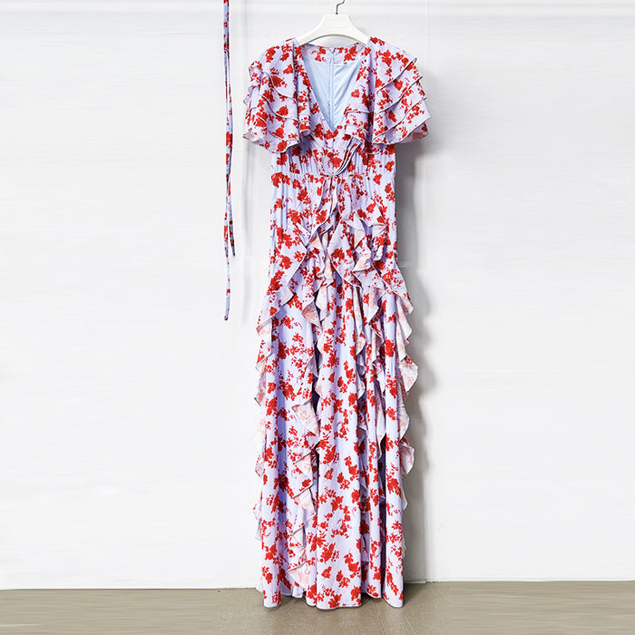 Floral Ruffle Maxi Dress – Women’s V-Neck Tie Waist Chiffon Gown