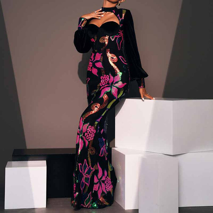 Floral Sequin Prom Dress Cutout Lantern Sleeve Mermaid Gown Dress