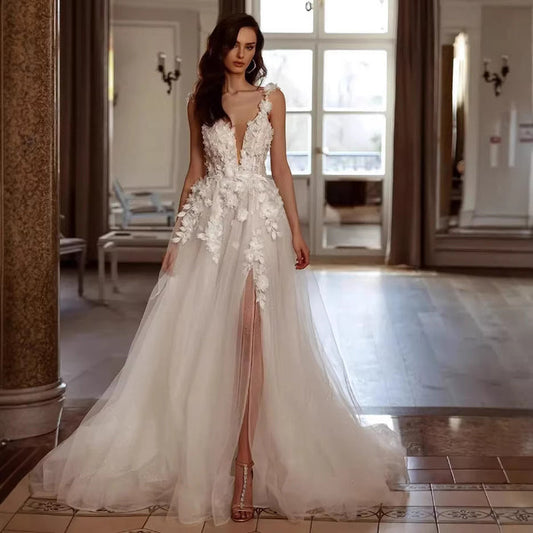 Floral Tulle Wedding Dress – Deep V-Neck, High Slit, 3D Appliqué