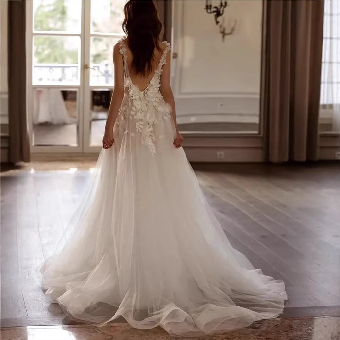 Floral Tulle Wedding Dress – Deep V-Neck, High Slit, 3D Appliqué