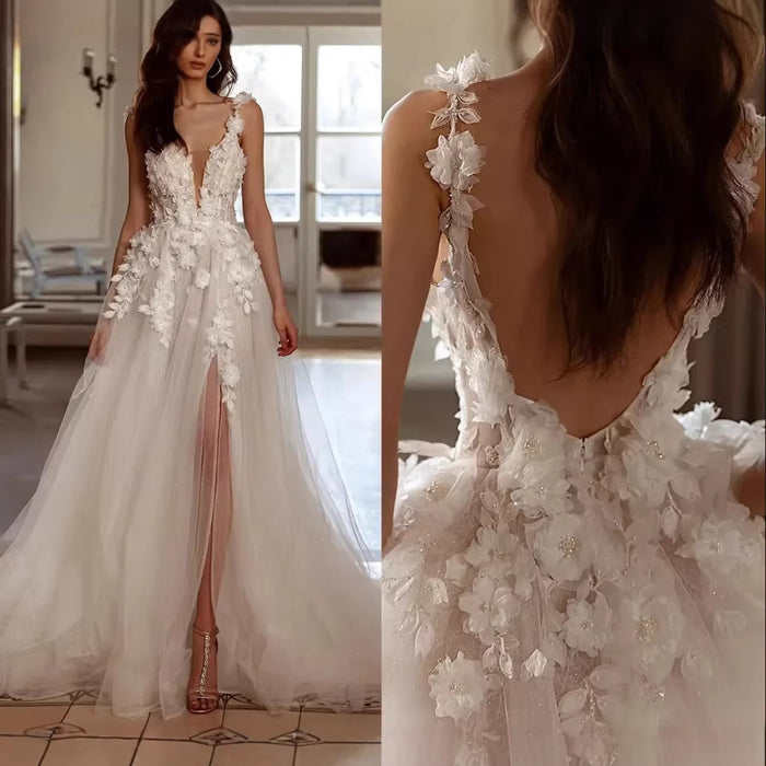 Floral Tulle Wedding Dress – Deep V-Neck, High Slit, 3D Appliqué