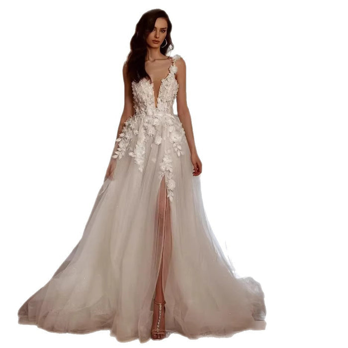 Floral Tulle Wedding Dress – Deep V-Neck, High Slit, 3D Appliqué