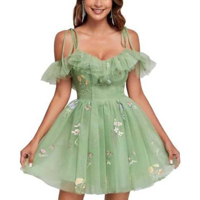 Flower Embroidery Tulle Homecoming Dresses Short Formal Prom Cocktail Dress