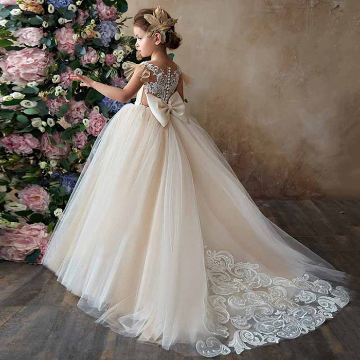 Flower Girls Dress For Wedding Tulle Ball Gown with Flutter Sleeves and a Lace Back
