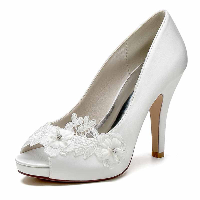 Elegant flower lace bridal heels with peep-toe design and floral embellishments