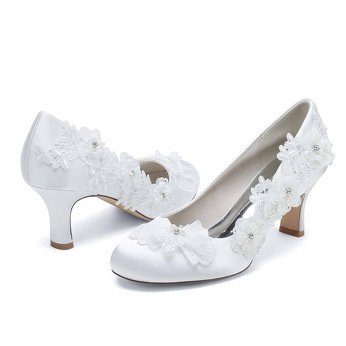 Elegant flower lace bridal shoes with detailed lace embellishments and a chic heel